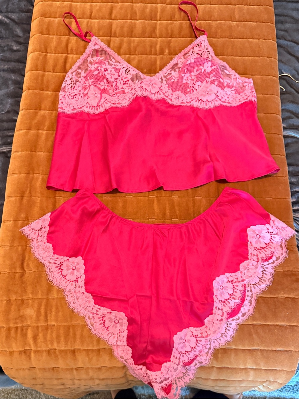 Victoria's Secret Hot Pink Satin Cami & Brief Set with Light Pink Lace